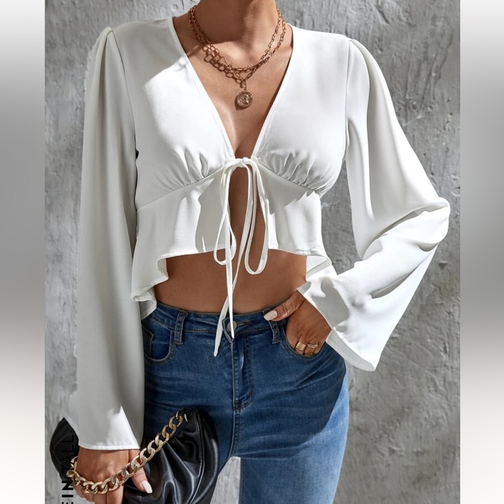 Solid tie front ruffle hem blouse - SHEIN TALL